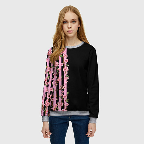 Женский свитшот Сакура и полосы / 3D-Меланж – фото 3