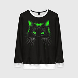 Свитшот женский Черный кот в зеленом свечении, цвет: 3D-белый