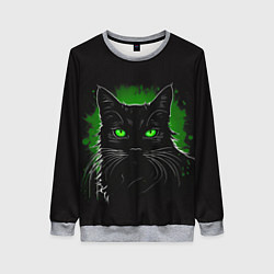 Свитшот женский Портрет черного кота в зеленом свечении, цвет: 3D-меланж