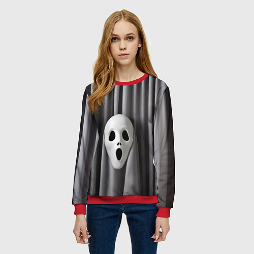 Женский свитшот Маска призрака и серые шторы / 3D-Красный – фото 3