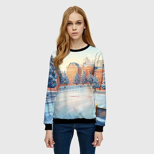 Женский свитшот Новогодняя городская площадь / 3D-Черный – фото 3