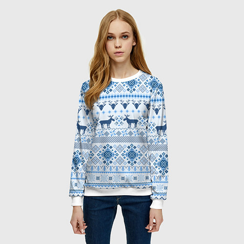 Женский свитшот Blue sweater with reindeer / 3D-Белый – фото 3