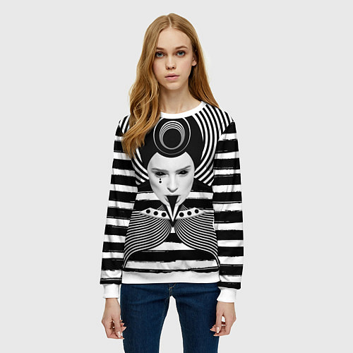 Женский свитшот Черно белый портрет девушки на полосатом / 3D-Белый – фото 3