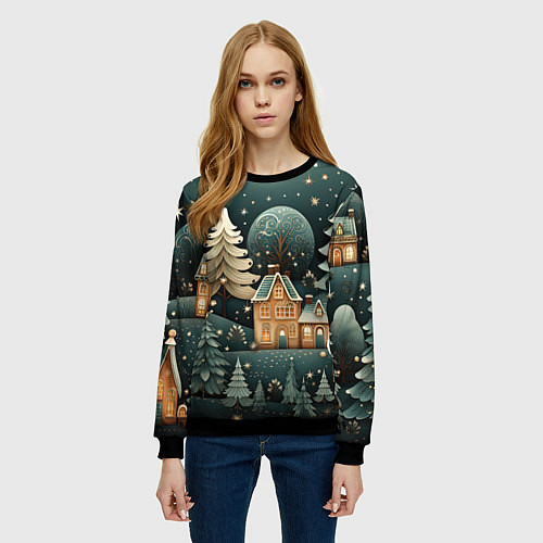 Женский свитшот Снежная деревня в праздничном наряде / 3D-Черный – фото 3