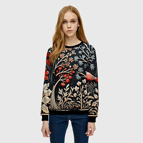 Женский свитшот Новогодние узоры и деревья / 3D-Черный – фото 3