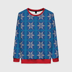 Свитшот женский Вязаная снежинка винтажный синий узор, цвет: 3D-красный