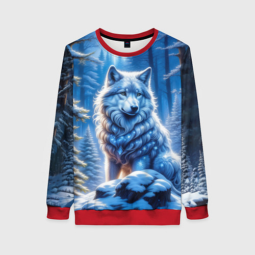 Женский свитшот Волк в зимнем ночном лесу / 3D-Красный – фото 1