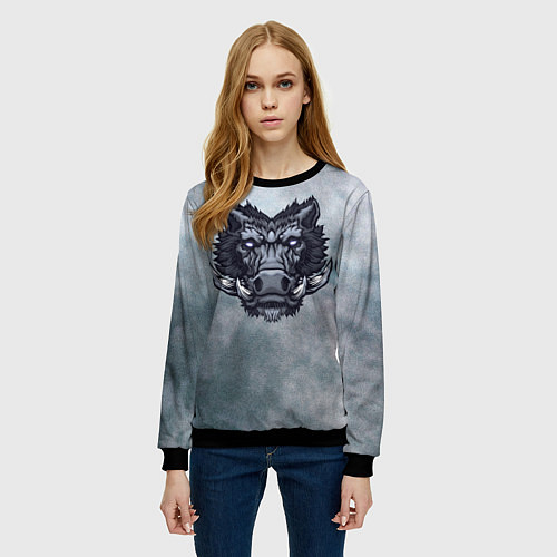 Женский свитшот Стальной дикий кабан на сером фоне / 3D-Черный – фото 3