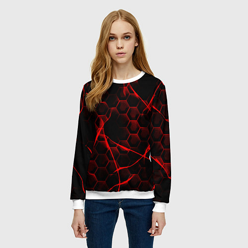 Женский свитшот Красные узоры шестиугольник / 3D-Белый – фото 3