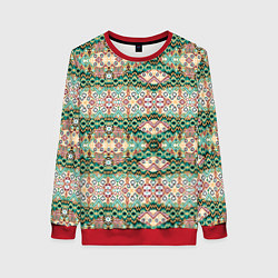 Свитшот женский Орнамент зеленый мелкий икат, цвет: 3D-красный