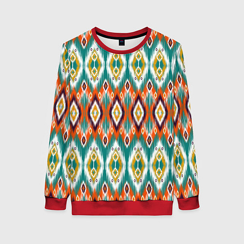 Женский свитшот Орнамент икат - имитация аткласной ткани / 3D-Красный – фото 1