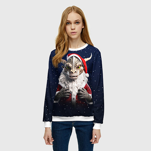 Женский свитшот Дракон в костюме Санты / 3D-Белый – фото 3