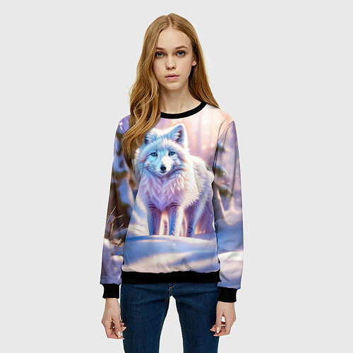 Женский свитшот Заснеженный зимний пейзаж с песцом / 3D-Черный – фото 3