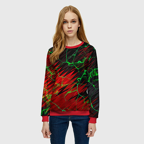 Женский свитшот Зелёные трещины узоры / 3D-Красный – фото 3
