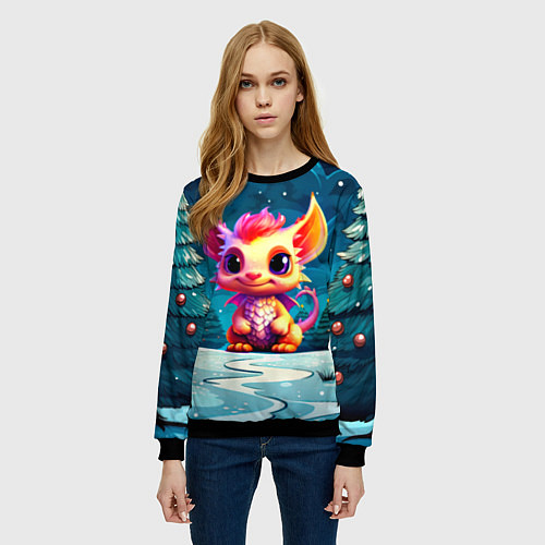 Женский свитшот Маленький пушистый дракошка / 3D-Черный – фото 3