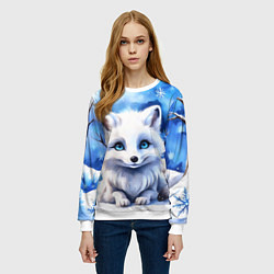 Свитшот женский Портрет мультяшного песца акварель, цвет: 3D-белый — фото 2