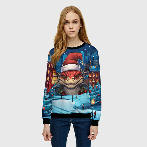 Женский свитшот Новогодний дракон 2024 зимний пейзаж / 3D-Черный – фото 3