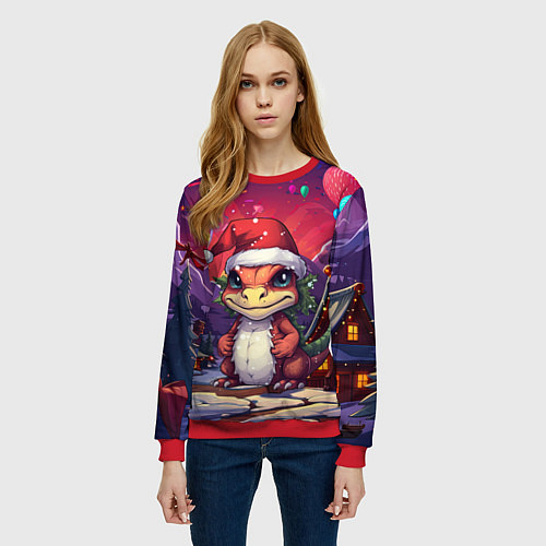 Женский свитшот Маленький новогодний милый дракон 2024 / 3D-Красный – фото 3