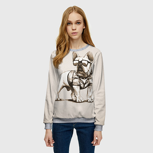 Женский свитшот Французский бульдог в очках и рубашке / 3D-Меланж – фото 3