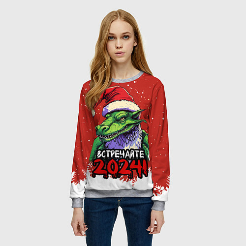 Женский свитшот Встречайте 2024 год зеленого дракона / 3D-Меланж – фото 3
