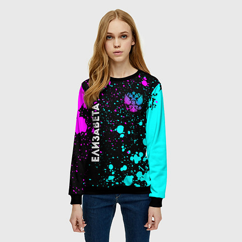 Женский свитшот Елизавета и неоновый герб России вертикально / 3D-Черный – фото 3