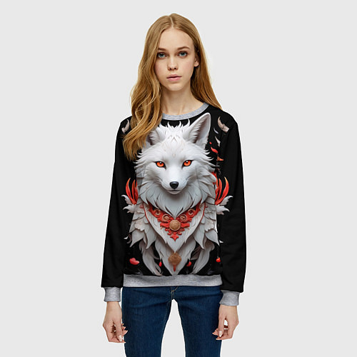 Женский свитшот Белая лисица - кицунэ / 3D-Меланж – фото 3