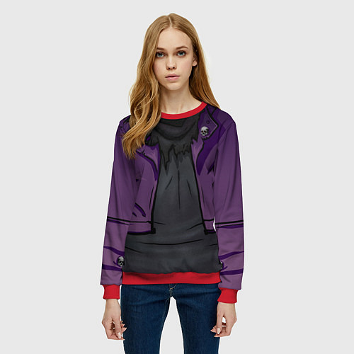 Женский свитшот Фиолетовая косуха лича с черепами / 3D-Красный – фото 3