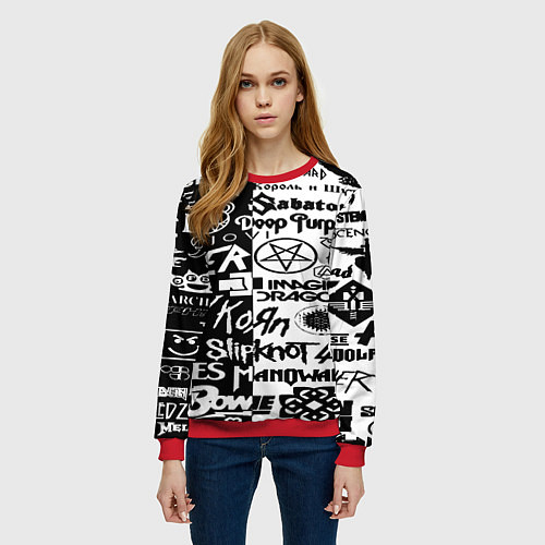 Женский свитшот Логотипы лучших групп черно белый / 3D-Красный – фото 3