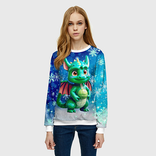 Женский свитшот Маленький дракончик в снежинках / 3D-Белый – фото 3