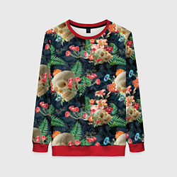 Свитшот женский Узор из черепов с цветами и листьями, цвет: 3D-красный