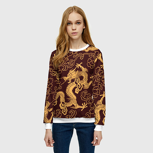 Женский свитшот Черно-золотая гравюра дракона / 3D-Белый – фото 3