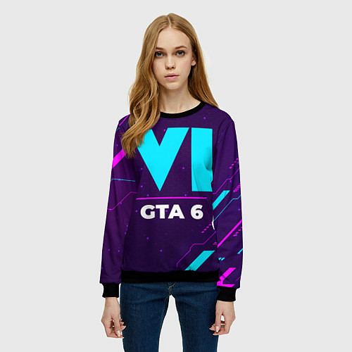 Женский свитшот Символ GTA 6 в неоновых цветах на темном фоне / 3D-Черный – фото 3