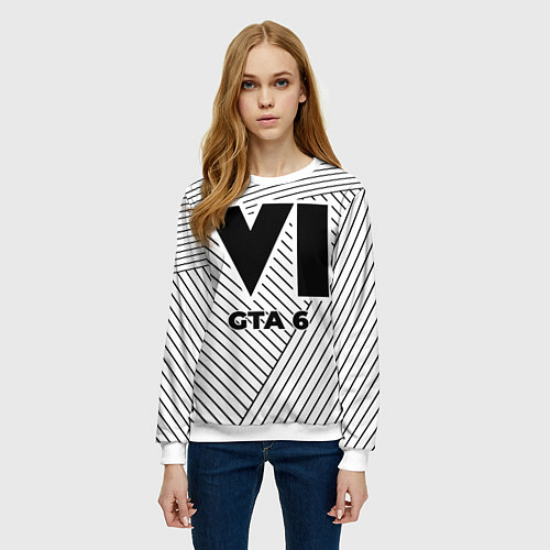 Женский свитшот Символ GTA 6 на светлом фоне с полосами / 3D-Белый – фото 3