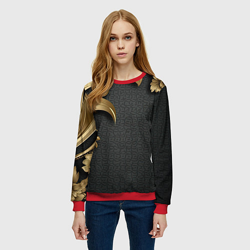 Женский свитшот Золотые объемные листья на сером фоне / 3D-Красный – фото 3