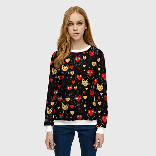 Женский свитшот Паттерн с сердечками и котами валентинка / 3D-Белый – фото 3