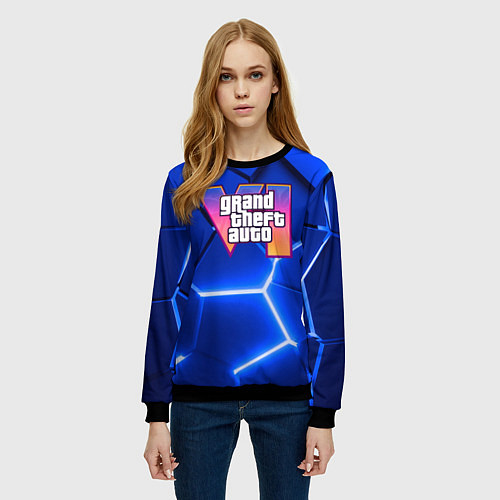 Женский свитшот GTA 6 лого на фоне разлома синих плит / 3D-Черный – фото 3