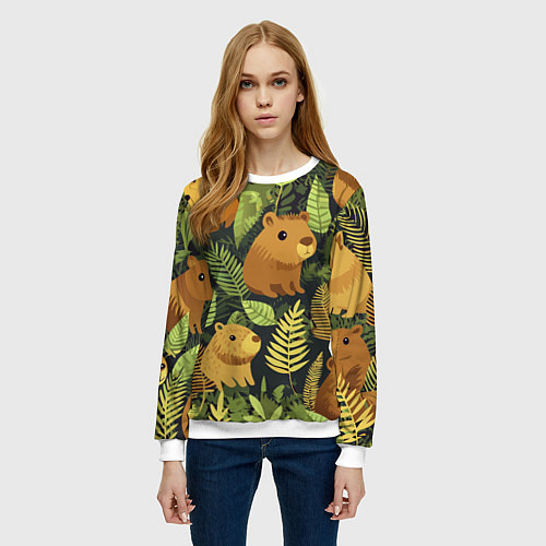 Женский свитшот Капибары - лесной маскировочный камуфляж / 3D-Белый – фото 3