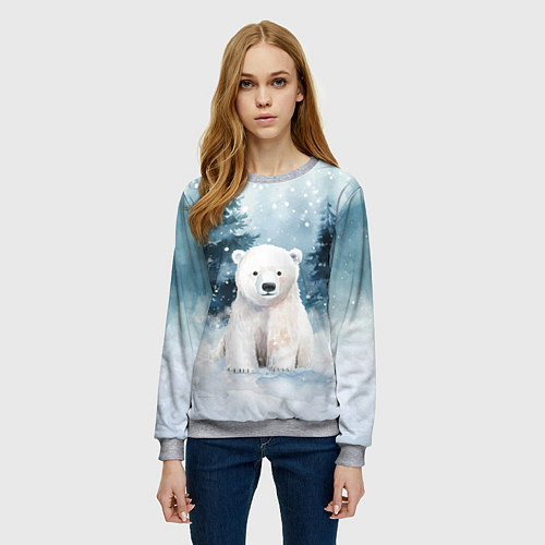 Женский свитшот Белый медвежонок в лесу / 3D-Меланж – фото 3