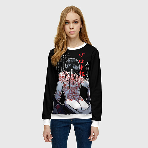 Женский свитшот Девушка самурай и иероглифы / 3D-Белый – фото 3