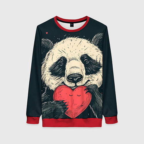 Женский свитшот Влюбленная панда обнимает сердечко / 3D-Красный – фото 1