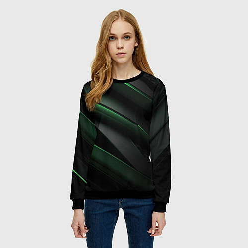 Женский свитшот Зеленые яркие абстрактные вставки спортивный стиль / 3D-Черный – фото 3