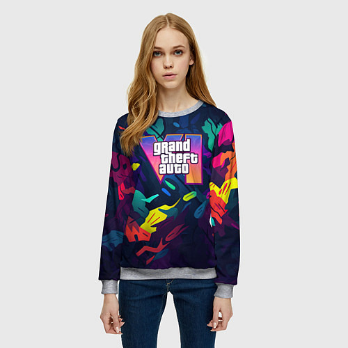Женский свитшот GTA 6 logo яркий неоновый камуфляжный стиль / 3D-Меланж – фото 3