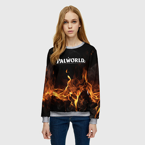 Женский свитшот Palworld логотип на черном фоне с огнем / 3D-Меланж – фото 3