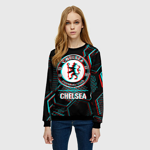 Женский свитшот Chelsea FC в стиле glitch на темном фоне / 3D-Черный – фото 3