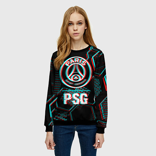 Женский свитшот PSG FC в стиле glitch на темном фоне / 3D-Черный – фото 3