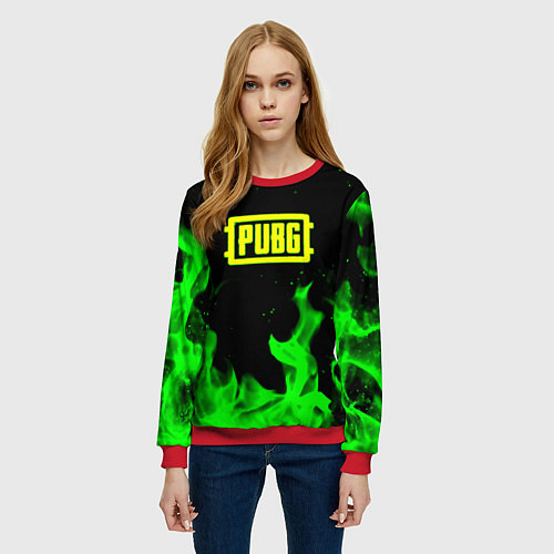 Женский свитшот PUBG кислотное лого огненный стиль / 3D-Красный – фото 3