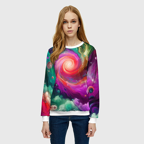 Женский свитшот Космическая неоновая фантазия - нейросеть / 3D-Белый – фото 3