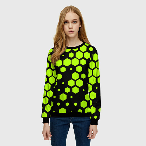 Женский свитшот Зеленые соты киберпанк / 3D-Черный – фото 3