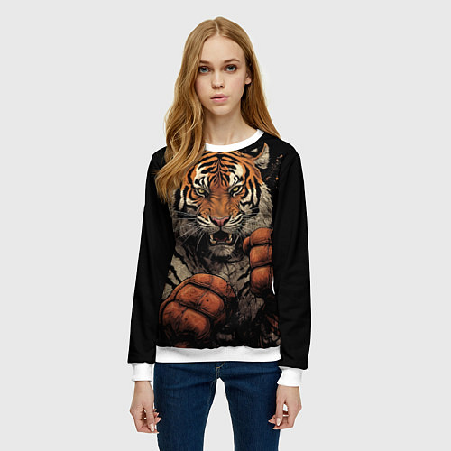 Женский свитшот Муай-Тай тигр в стойке боевые искусства / 3D-Белый – фото 3