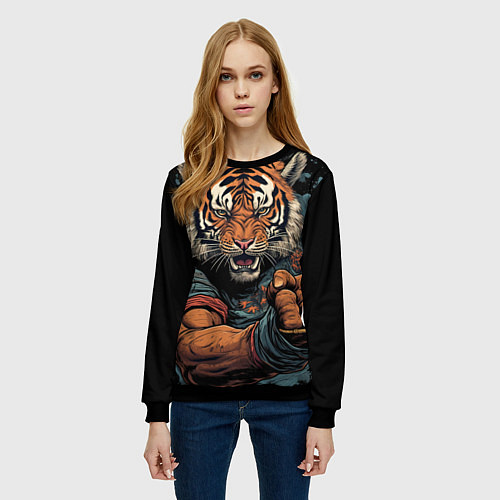 Женский свитшот Тигр в стойке тайский бокс / 3D-Черный – фото 3
